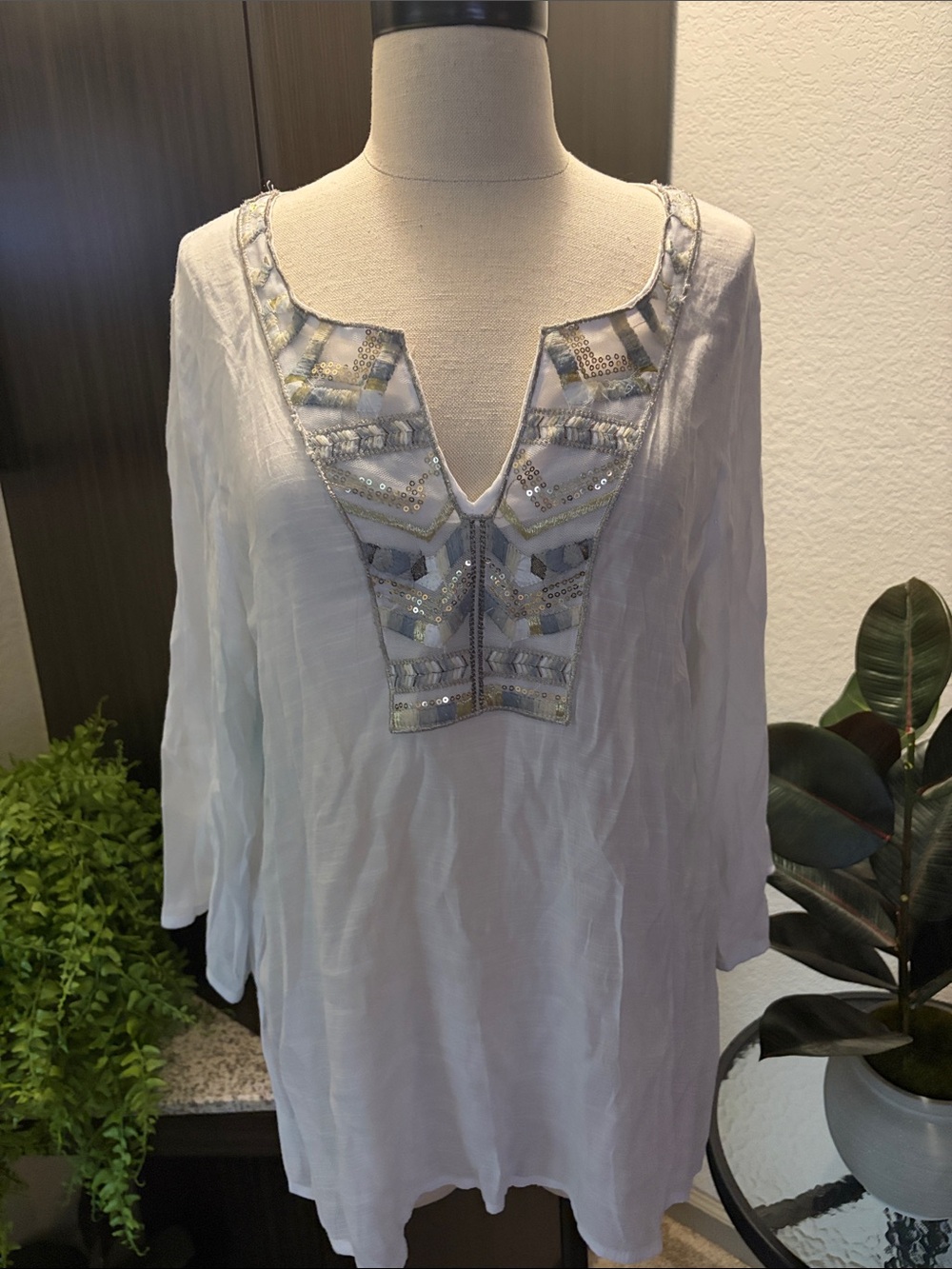 Spense Light Blue Embellished V-Neck Tunic